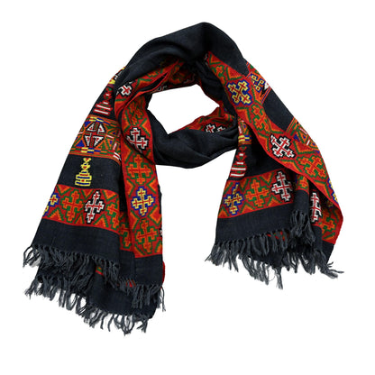 Vintage Black Pure Woolen Handmade Kullu Shawl Woven work Long Throw Stole Warm Stole Warm Fringes