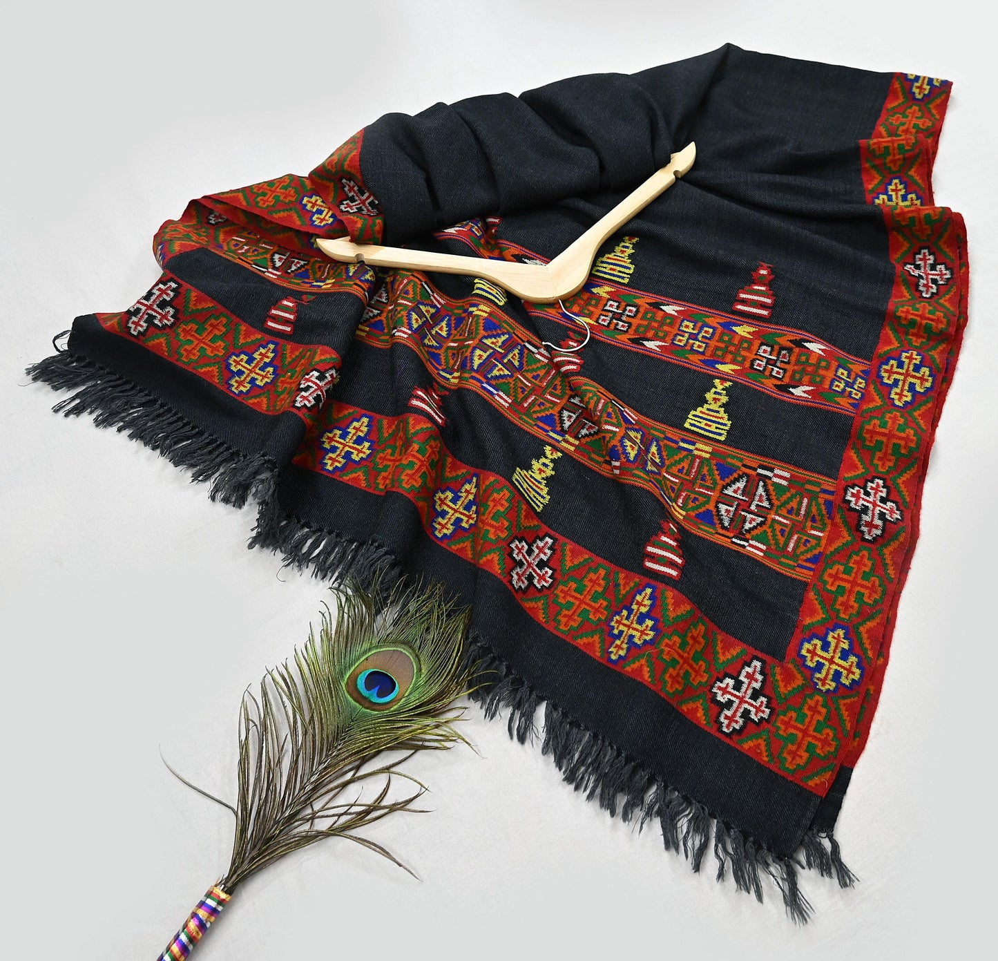 Vintage Black Pure Woolen Handmade Kullu Shawl Woven work Long Throw Stole Warm Stole Warm Fringes