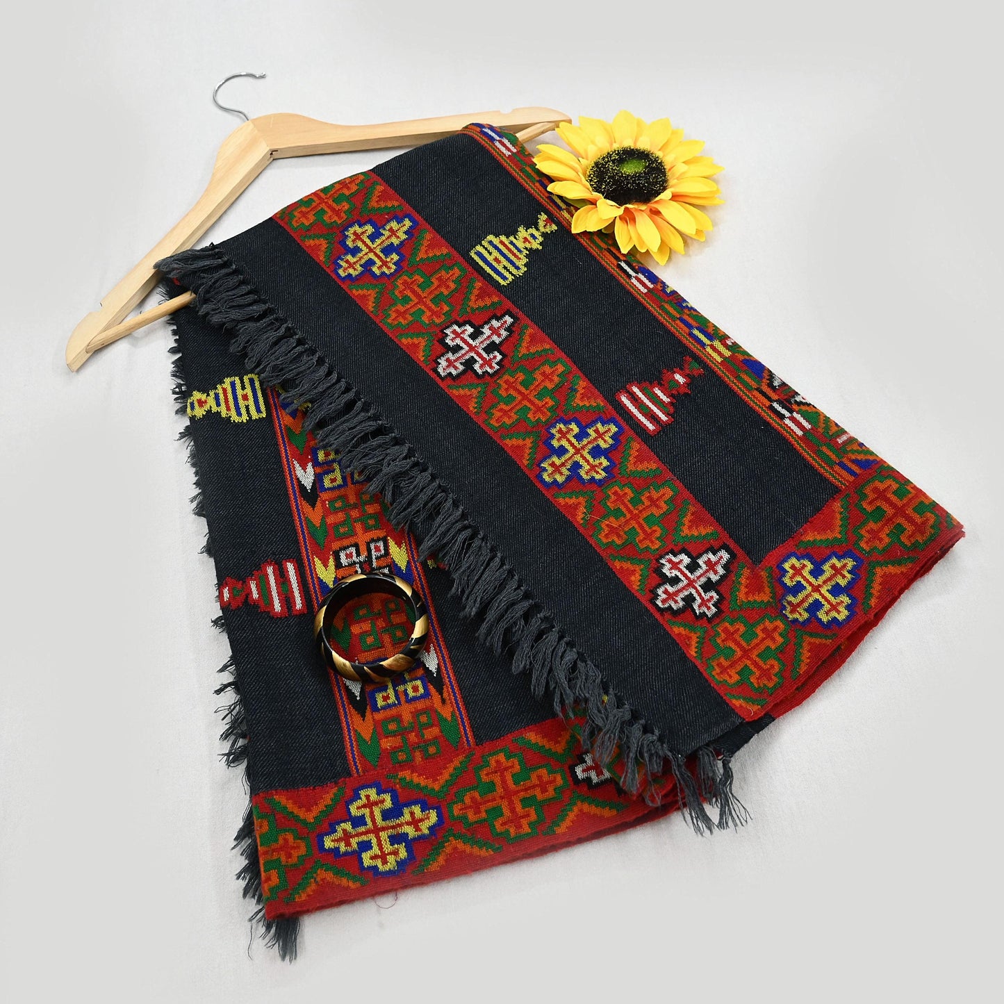 Vintage Black Pure Woolen Handmade Kullu Shawl Woven work Long Throw Stole Warm Stole Warm Fringes