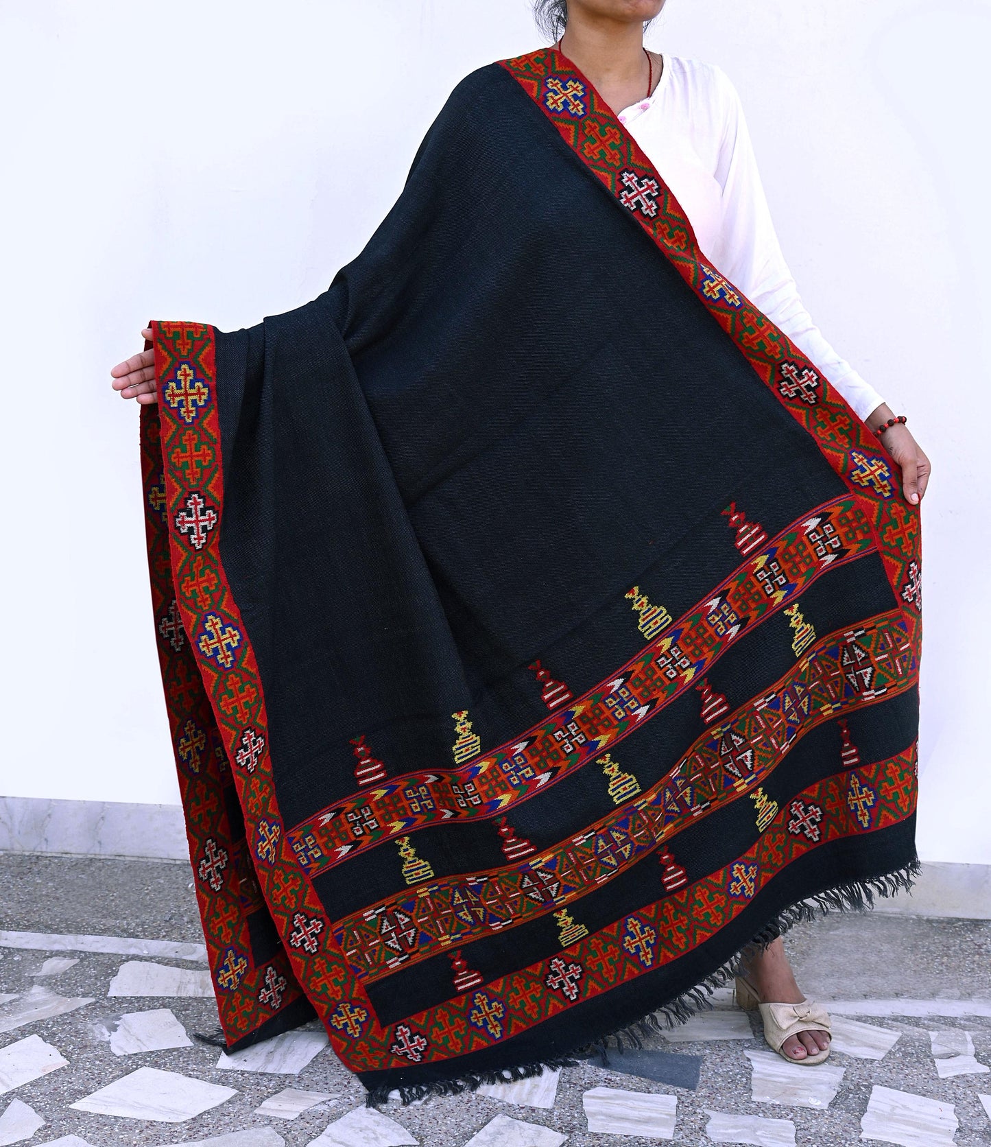 Vintage Black Pure Woolen Handmade Kullu Shawl Woven work Long Throw Stole Warm Stole Warm Fringes