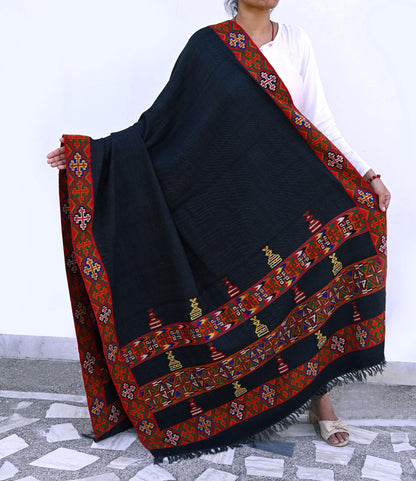 Vintage Black Pure Woolen Handmade Kullu Shawl Woven work Long Throw Stole Warm Stole Warm Fringes