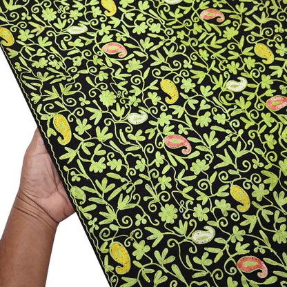 Indian Vintage Black Pure Woolen Shawl Handmade Ari work Long Throw Stole Warm Stole Floral Design Upcycle Crafting Used