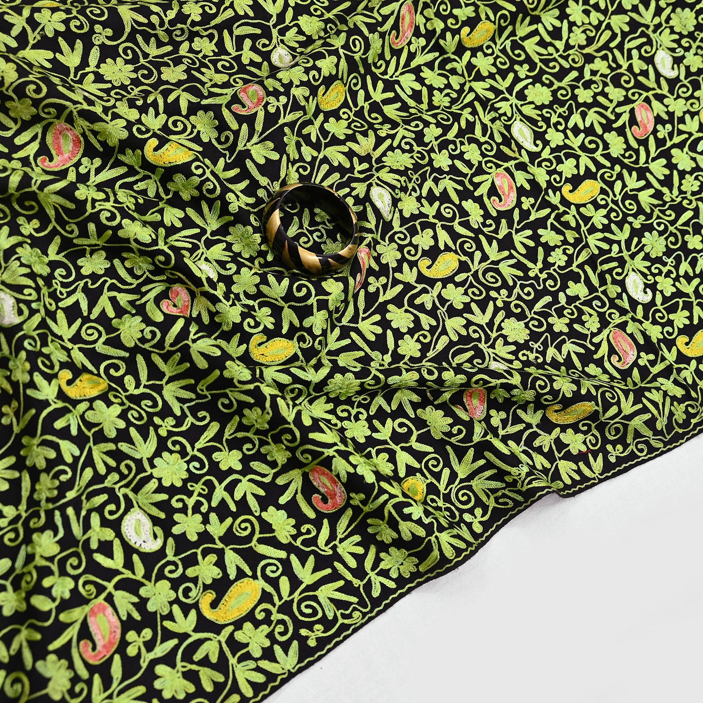 Indian Vintage Black Pure Woolen Shawl Handmade Ari work Long Throw Stole Warm Stole Floral Design Upcycle Crafting Used