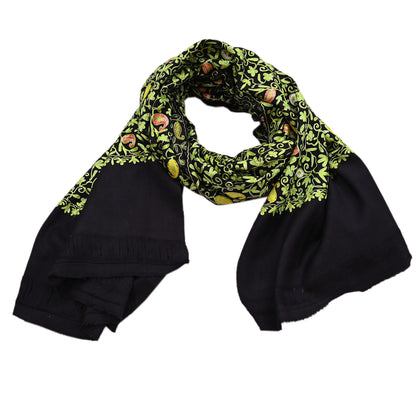 Indian Vintage Black Pure Woolen Shawl Handmade Ari work Long Throw Stole Warm Stole Floral Design Upcycle Crafting Used