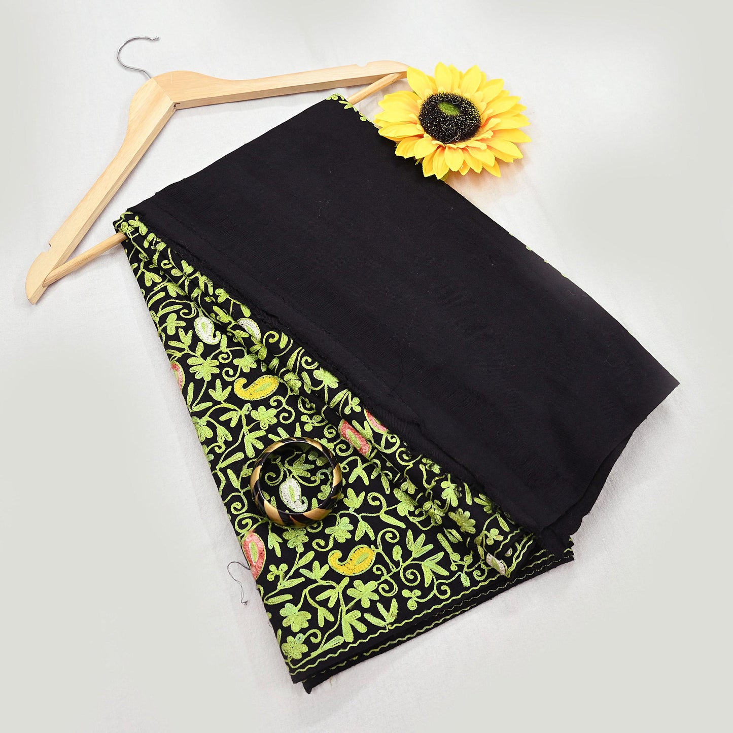 Indian Vintage Black Pure Woolen Shawl Handmade Ari work Long Throw Stole Warm Stole Floral Design Upcycle Crafting Used