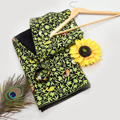 Indian Vintage Black Pure Woolen Shawl Handmade Ari work Long Throw Stole Warm Stole Floral Design Upcycle Crafting Used