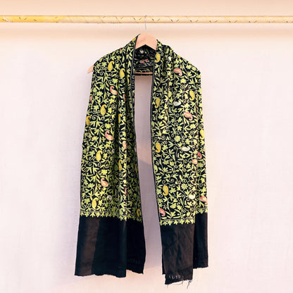 Indian Vintage Black Pure Woolen Shawl Handmade Ari work Long Throw Stole Warm Stole Floral Design Upcycle Crafting Used