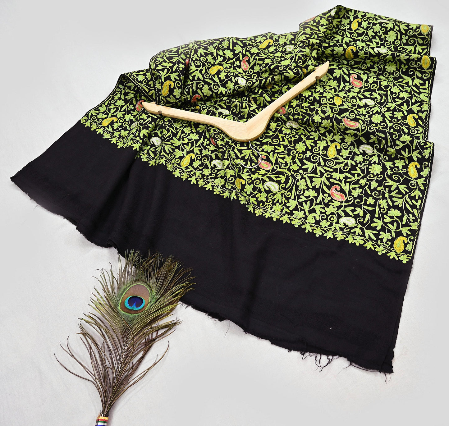 Indian Vintage Black Pure Woolen Shawl Handmade Ari work Long Throw Stole Warm Stole Floral Design Upcycle Crafting Used