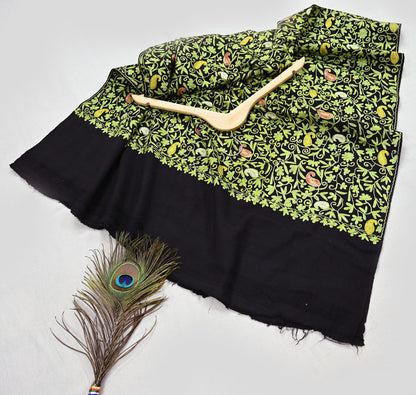 Indian Vintage Black Pure Woolen Shawl Handmade Ari work Long Throw Stole Warm Stole Floral Design Upcycle Crafting Used