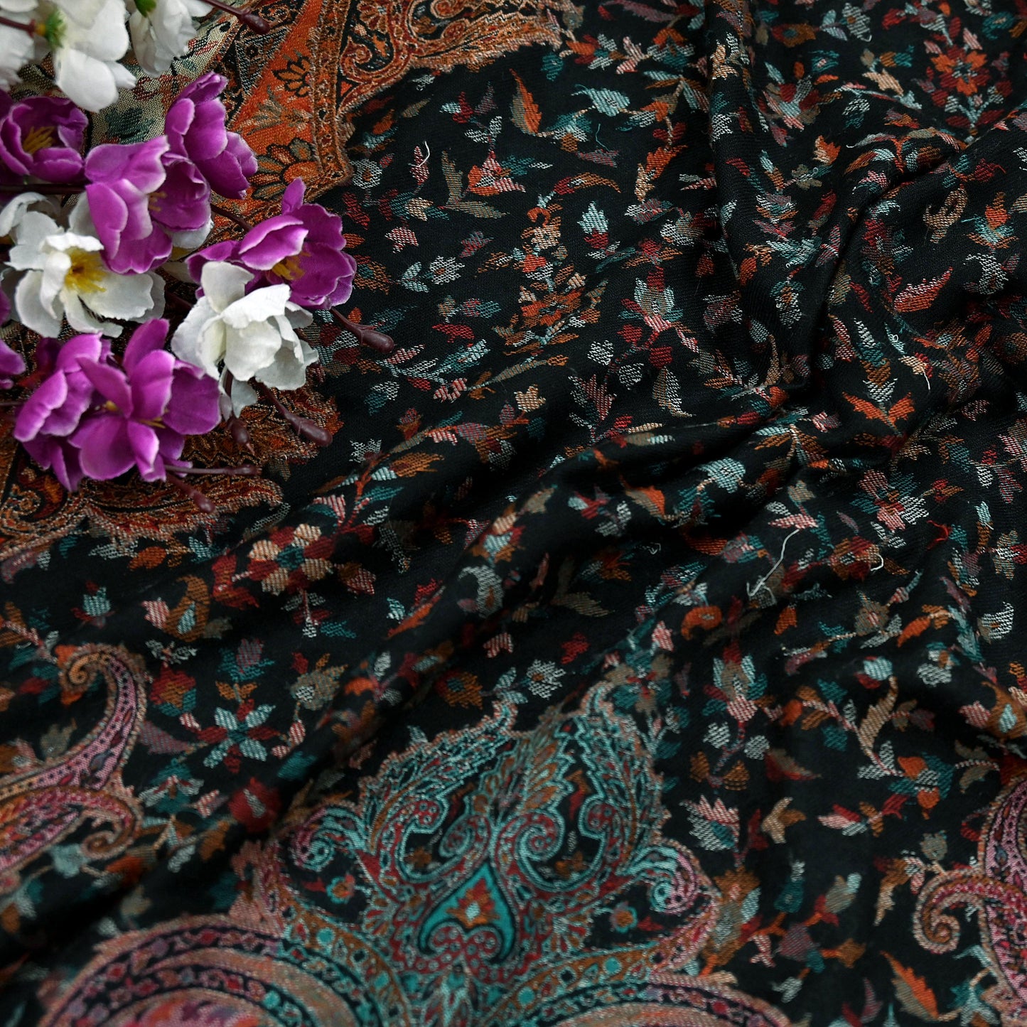 Vintage Stole Black woolen Handmade Jamawar work Long Throw Warm Stole Paisley Design Fringes