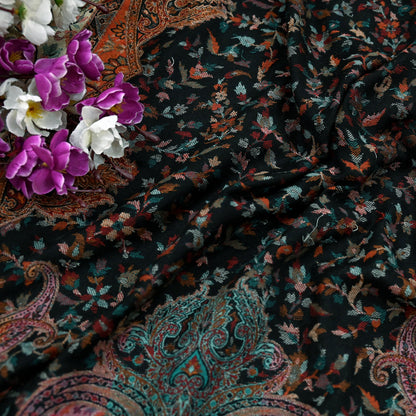 Vintage Stole Black woolen Handmade Jamawar work Long Throw Warm Stole Paisley Design Fringes