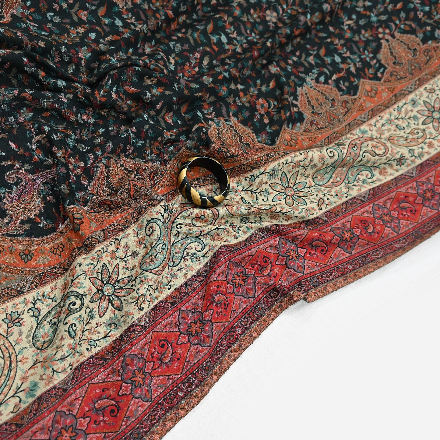 Vintage Stole Black woolen Handmade Jamawar work Long Throw Warm Stole Paisley Design Fringes