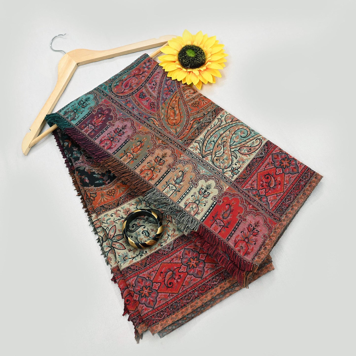 Vintage Stole Black woolen Handmade Jamawar work Long Throw Warm Stole Paisley Design Fringes