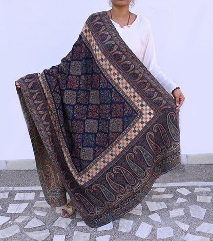 Vintage Stole Blue woolen Handmade Jamawar work Long Throw Warm Stole Paisley Design Fringes