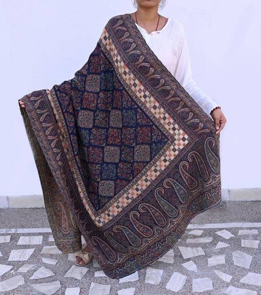 Vintage Stole Blue woolen Handmade Jamawar work Long Throw Warm Stole Paisley Design Fringes