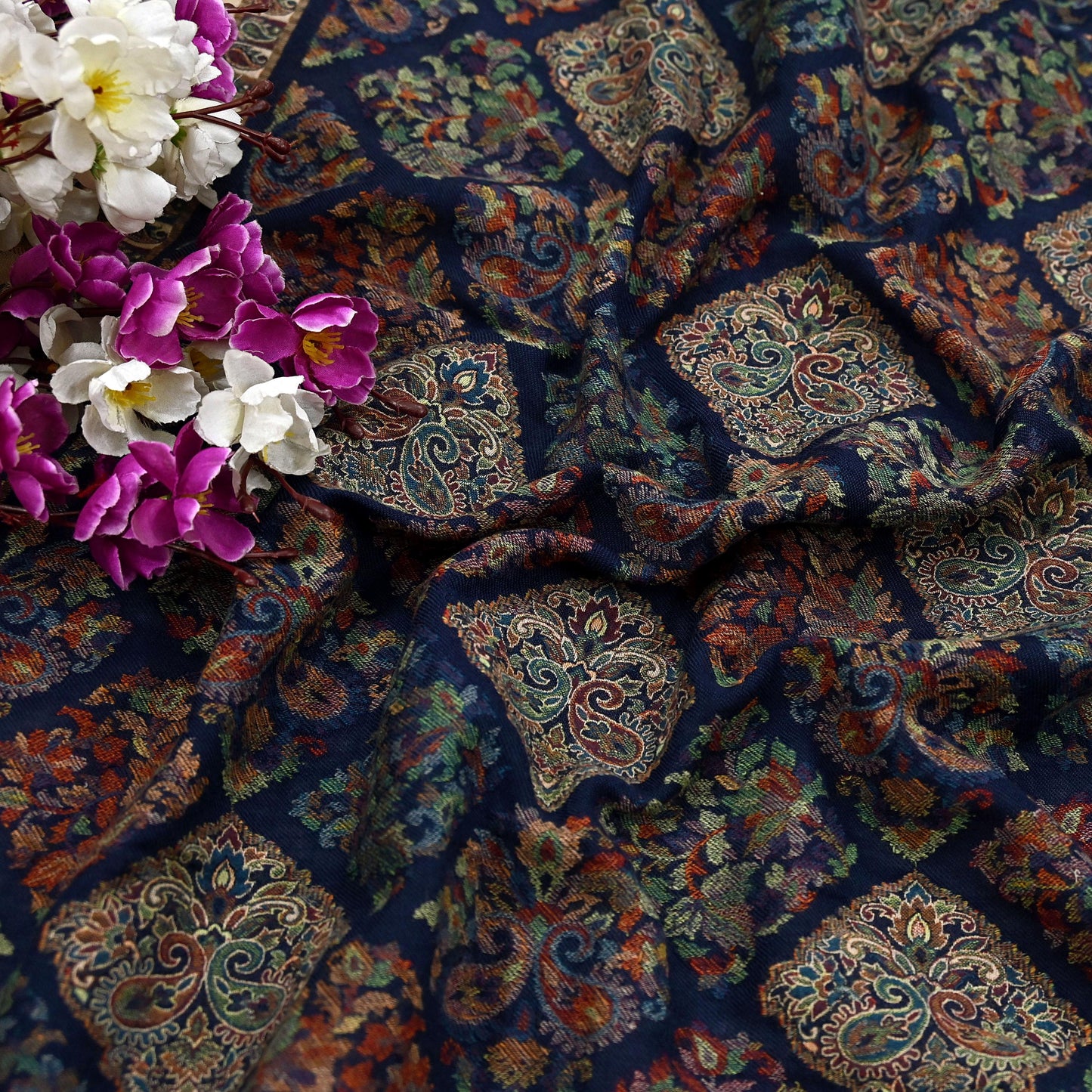 Vintage Stole Blue woolen Handmade Jamawar work Long Throw Warm Stole Paisley Design Fringes