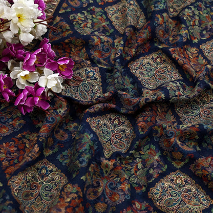 Vintage Stole Blue woolen Handmade Jamawar work Long Throw Warm Stole Paisley Design Fringes