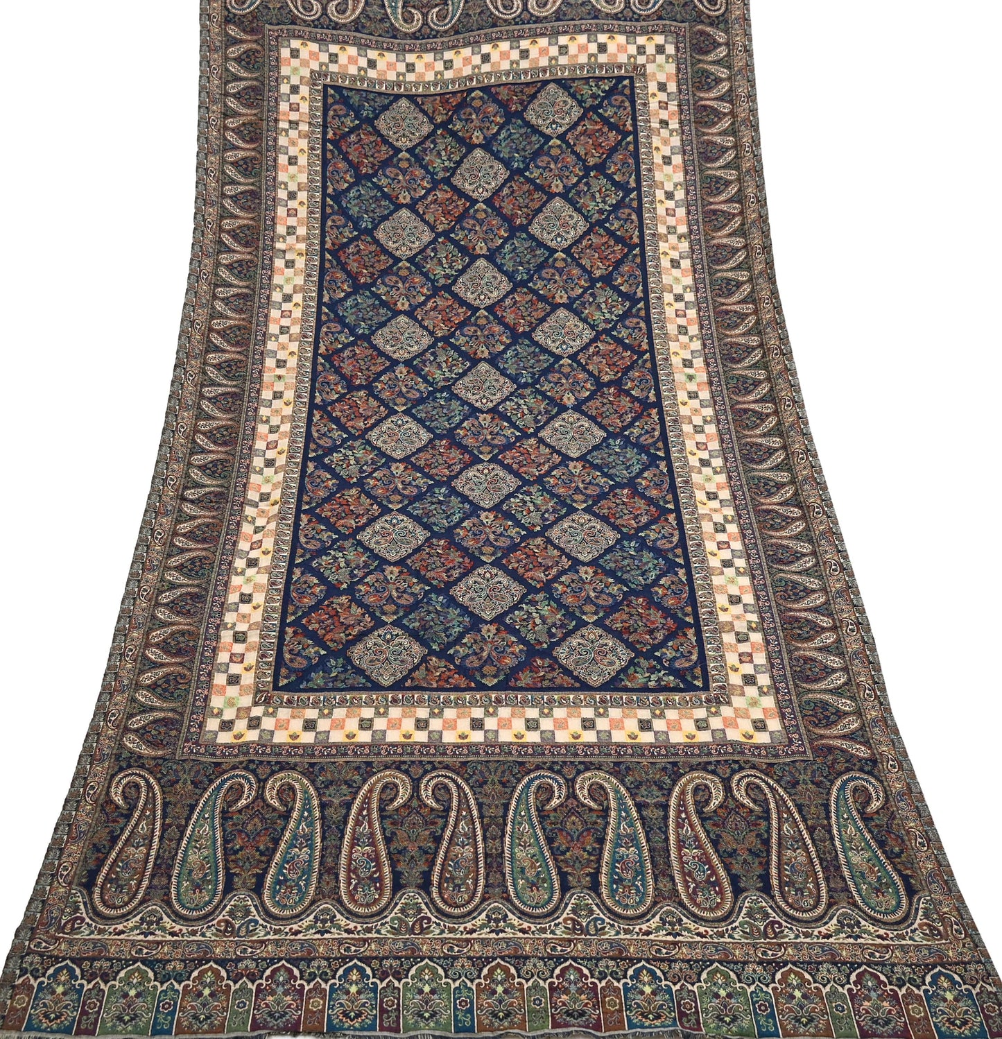 Vintage Stole Blue woolen Handmade Jamawar work Long Throw Warm Stole Paisley Design Fringes