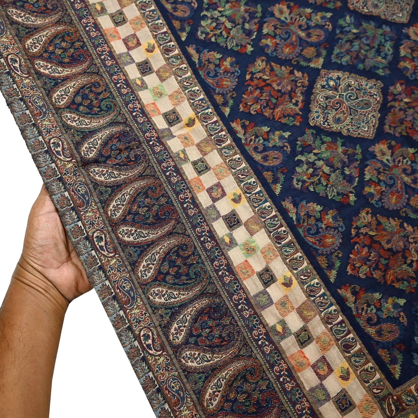 Vintage Stole Blue woolen Handmade Jamawar work Long Throw Warm Stole Paisley Design Fringes