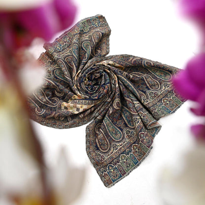 Vintage Stole Blue woolen Handmade Jamawar work Long Throw Warm Stole Paisley Design Fringes