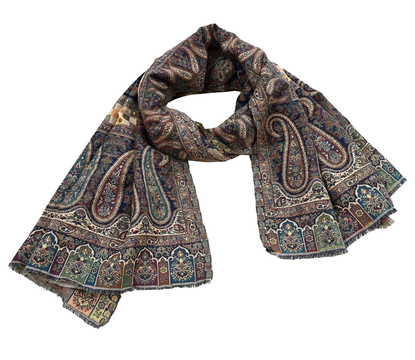 Vintage Stole Blue woolen Handmade Jamawar work Long Throw Warm Stole Paisley Design Fringes