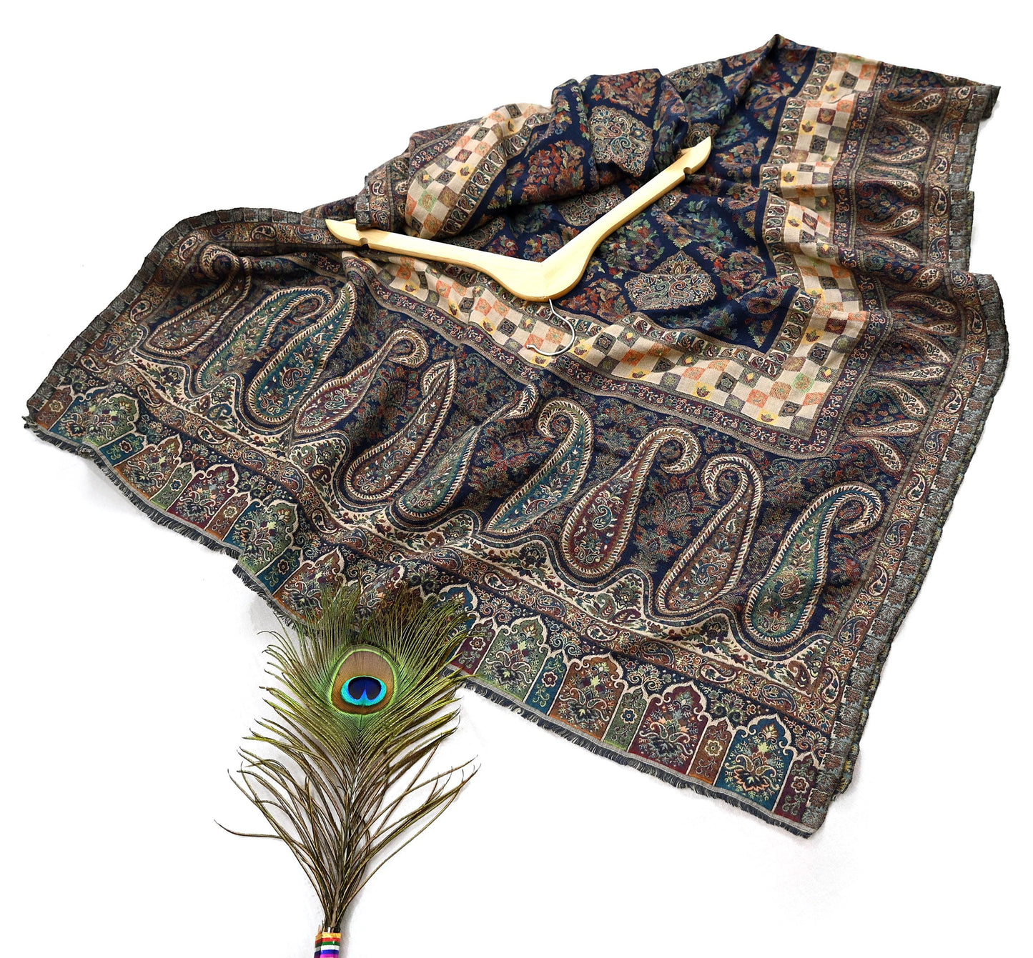 Vintage Stole Blue woolen Handmade Jamawar work Long Throw Warm Stole Paisley Design Fringes