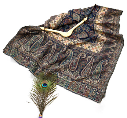 Vintage Stole Blue woolen Handmade Jamawar work Long Throw Warm Stole Paisley Design Fringes