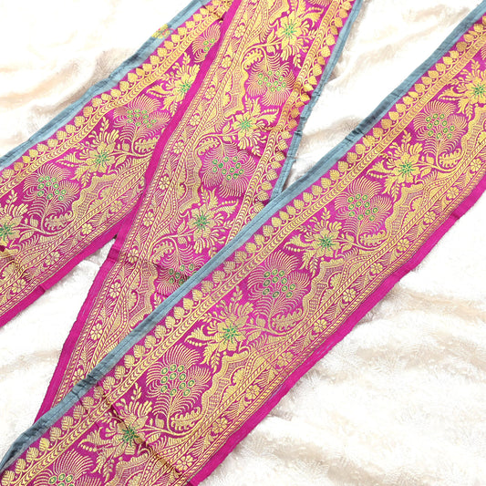 Indian Vintage Magenta Banarasi Silk Sari Border Trim 1yd Pure Zari Woven Craft Fabric Ribbon Recycled Saree Sewing Lace Home Decor