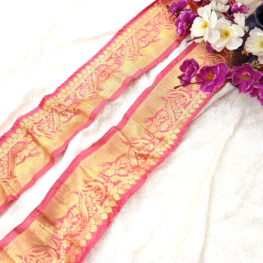 Indian Vintage Pink Banarasi Silk Sari Border Trim 1yd Pure Zari Woven Ribbon Recycled Saree Fabric Lace for Sewing Craft Home Decor
