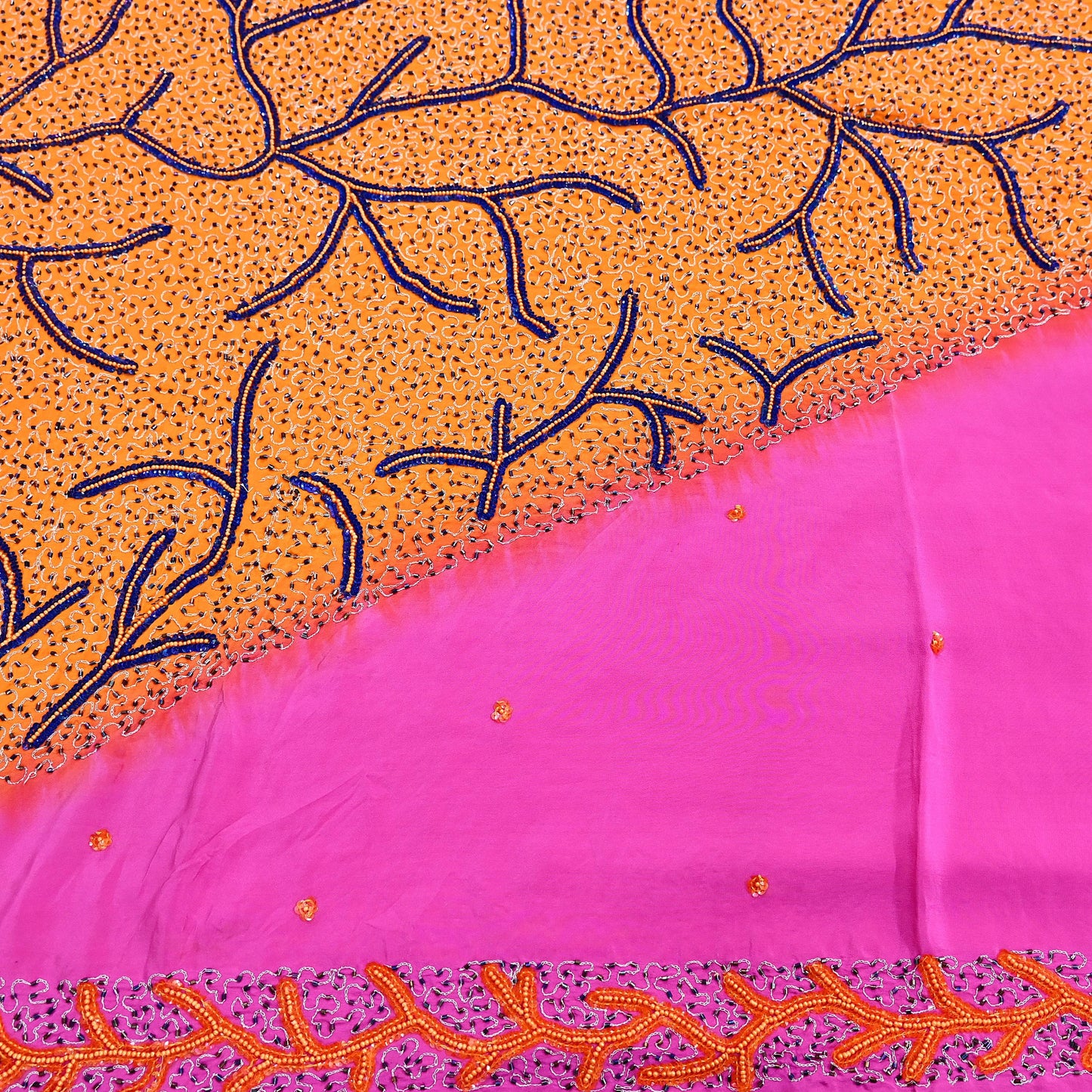 Indian Vintage Heavy Sari Pink & Saffron Saree Pure Crepe Silk Hand Embroidered Sarees Craft Fabric 5yd