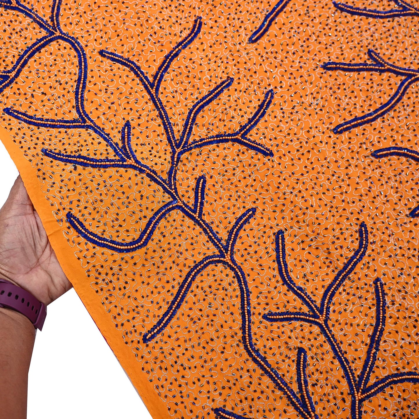 Indian Vintage Heavy Sari Pink & Saffron Saree Pure Crepe Silk Hand Embroidered Sarees Craft Fabric 5yd