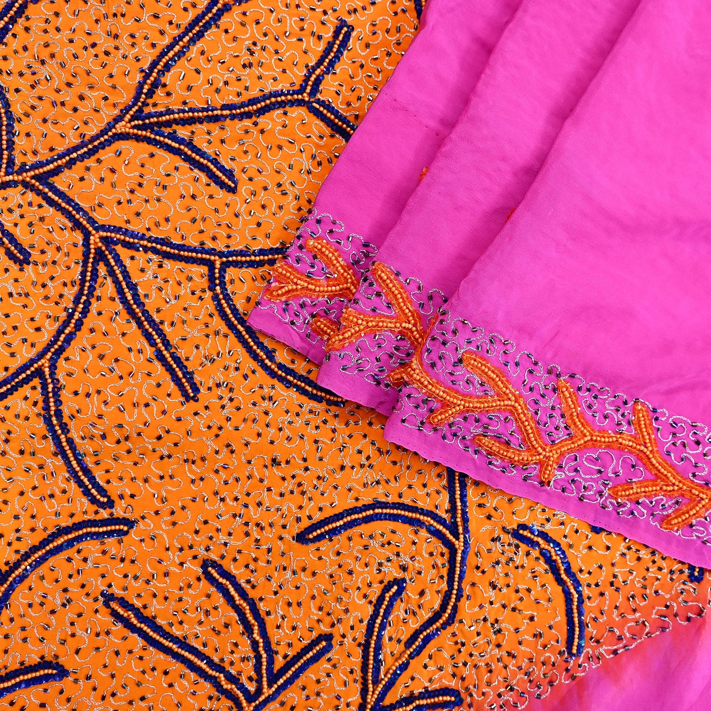 Indian Vintage Heavy Sari Pink & Saffron Saree Pure Crepe Silk Hand Embroidered Sarees Craft Fabric 5yd