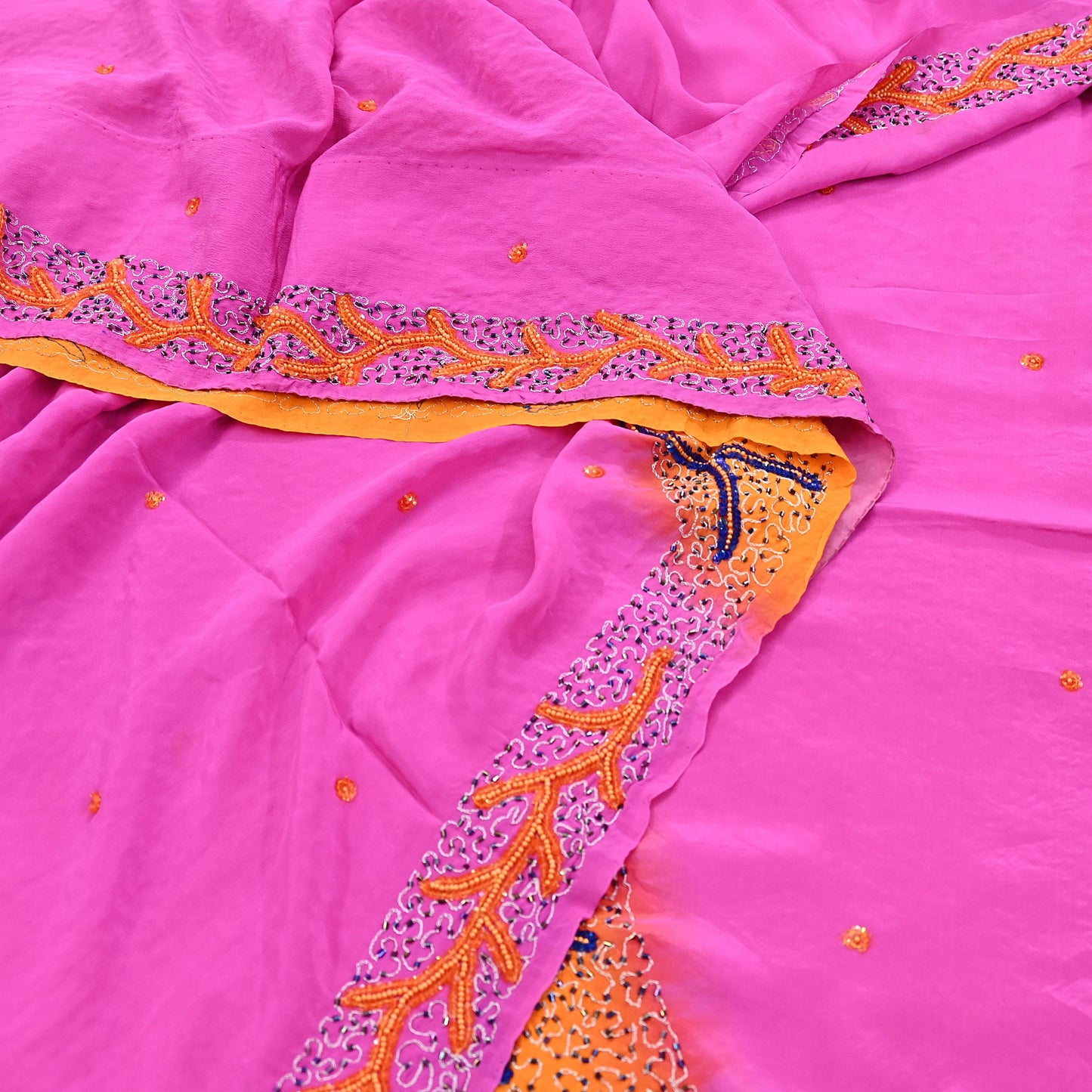 Indian Vintage Heavy Sari Pink & Saffron Saree Pure Crepe Silk Hand Embroidered Sarees Craft Fabric 5yd
