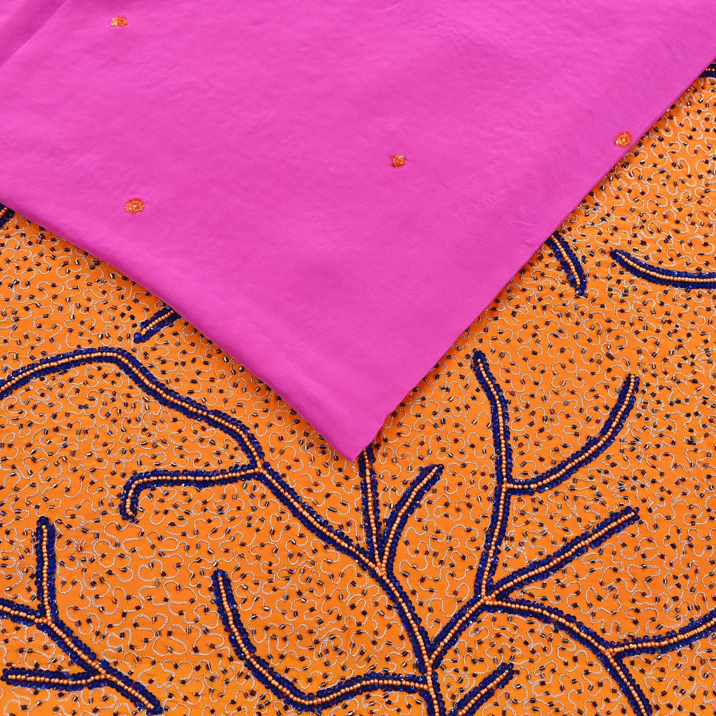 Indian Vintage Heavy Sari Pink & Saffron Saree Pure Crepe Silk Hand Embroidered Sarees Craft Fabric 5yd