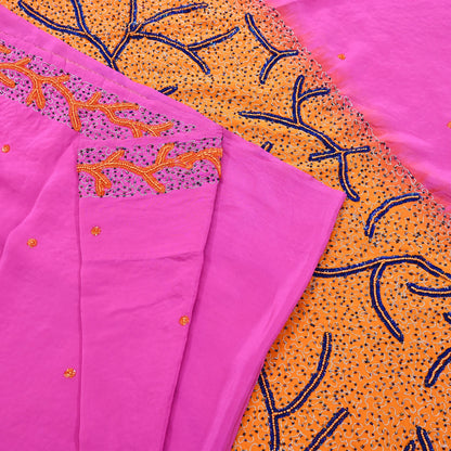Indian Vintage Heavy Sari Pink & Saffron Saree Pure Crepe Silk Hand Embroidered Sarees Craft Fabric 5yd