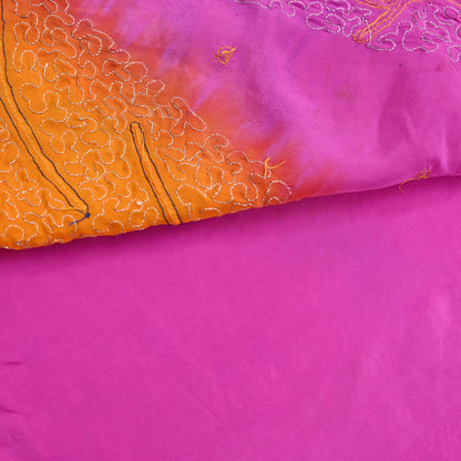 Indian Vintage Heavy Sari Pink & Saffron Saree Pure Crepe Silk Hand Embroidered Sarees Craft Fabric 5yd