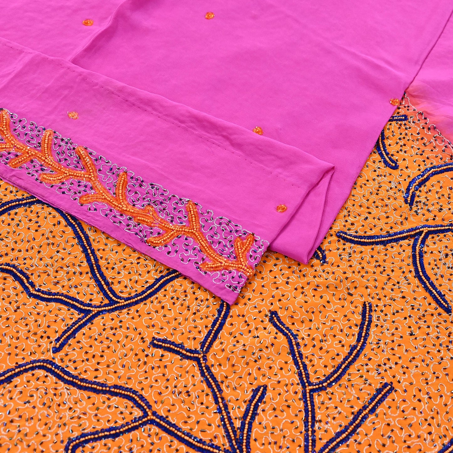 Indian Vintage Heavy Sari Pink & Saffron Saree Pure Crepe Silk Hand Embroidered Sarees Craft Fabric 5yd