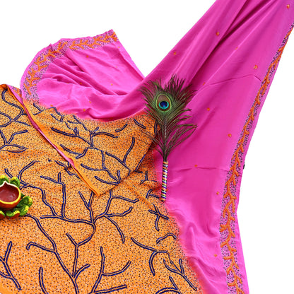 Indian Vintage Heavy Sari Pink & Saffron Saree Pure Crepe Silk Hand Embroidered Sarees Craft Fabric 5yd