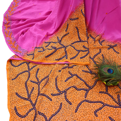 Indian Vintage Heavy Sari Pink & Saffron Saree Pure Crepe Silk Hand Embroidered Sarees Craft Fabric 5yd