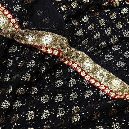 Indian Vintage Heavy Sari Black Pure Georgette Silk Hand Beaded Sarees Craft Fabric 5Yd Soft Ethnic Wedding Sarees