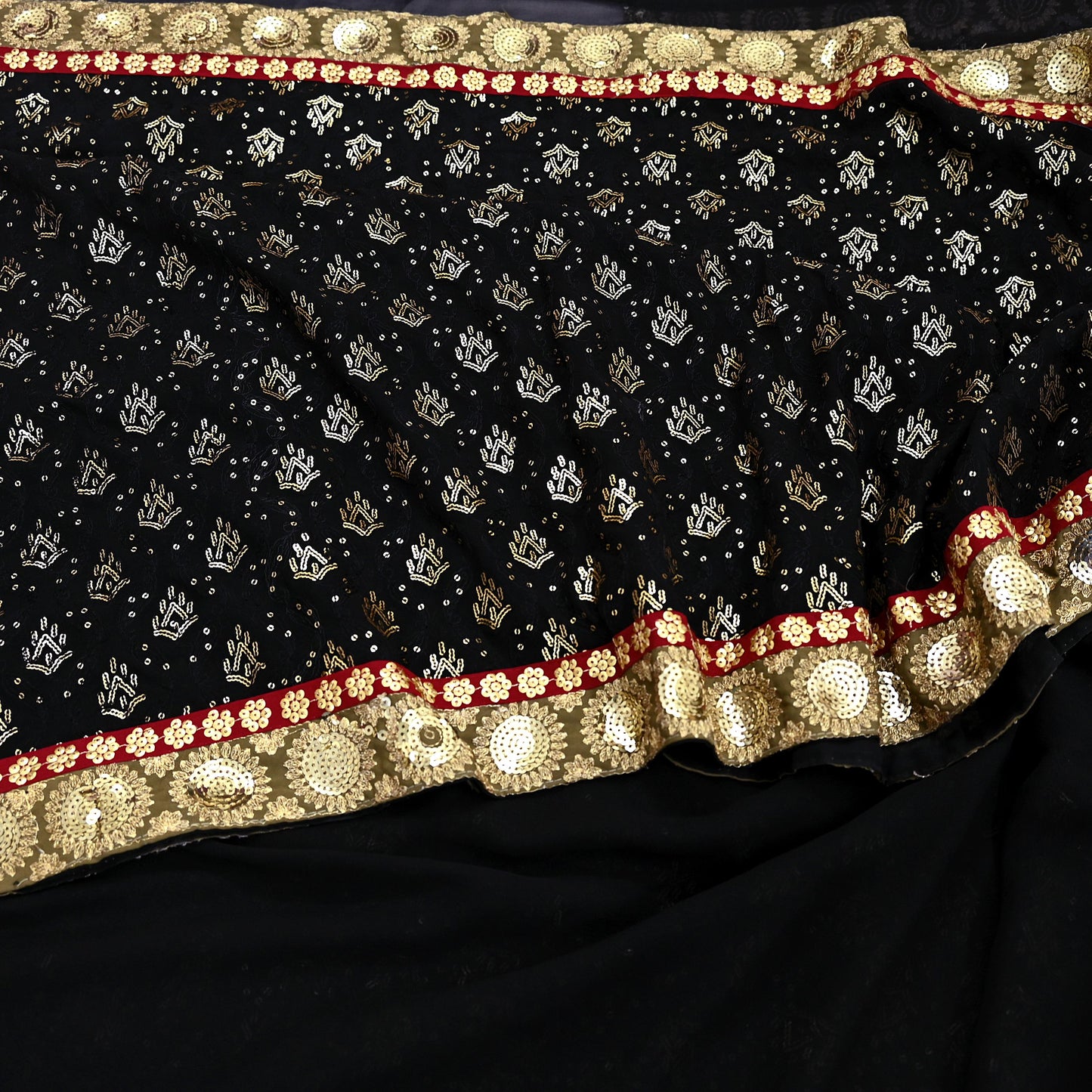 Indian Vintage Heavy Sari Black Pure Georgette Silk Hand Beaded Sarees Craft Fabric 5Yd Soft Ethnic Wedding Sarees