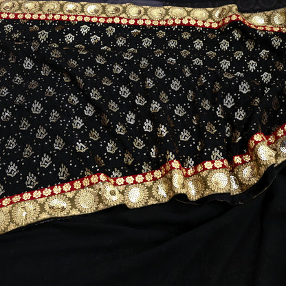 Indian Vintage Heavy Sari Black Pure Georgette Silk Hand Beaded Sarees Craft Fabric 5Yd Soft Ethnic Wedding Sarees