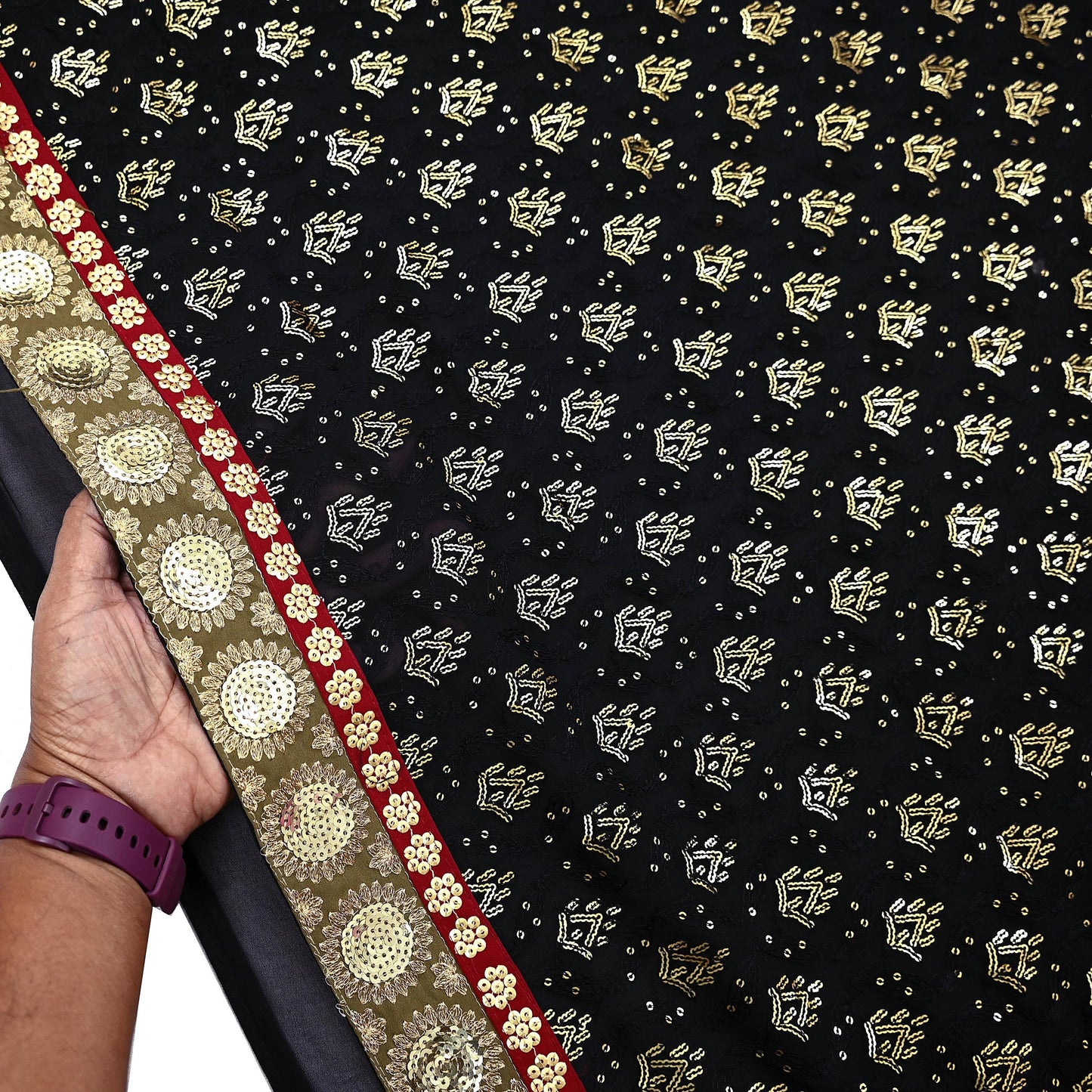 Indian Vintage Heavy Sari Black Pure Georgette Silk Hand Beaded Sarees Craft Fabric 5Yd Soft Ethnic Wedding Sarees