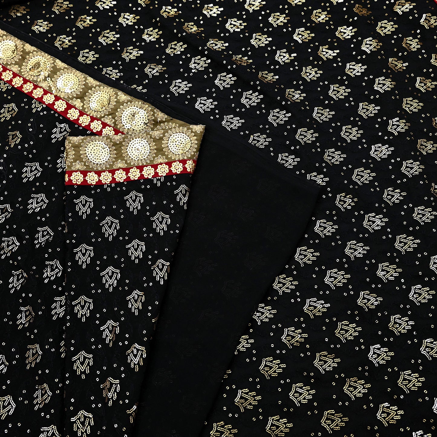 Indian Vintage Heavy Sari Black Pure Georgette Silk Hand Beaded Sarees Craft Fabric 5Yd Soft Ethnic Wedding Sarees