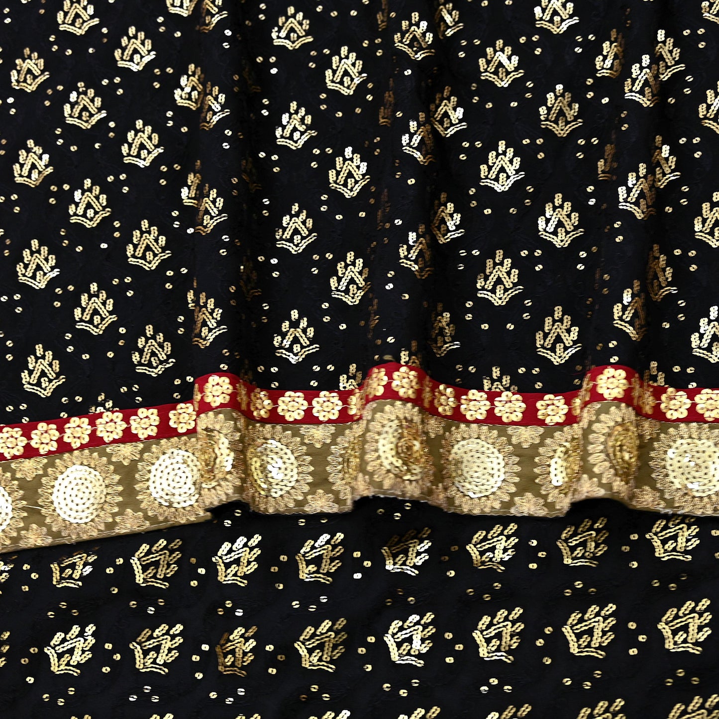 Indian Vintage Heavy Sari Black Pure Georgette Silk Hand Beaded Sarees Craft Fabric 5Yd Soft Ethnic Wedding Sarees