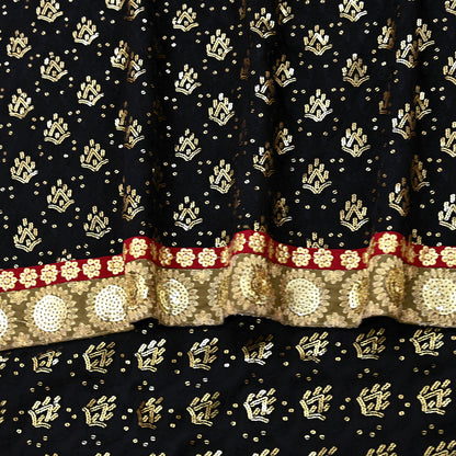 Indian Vintage Heavy Sari Black Pure Georgette Silk Hand Beaded Sarees Craft Fabric 5Yd Soft Ethnic Wedding Sarees