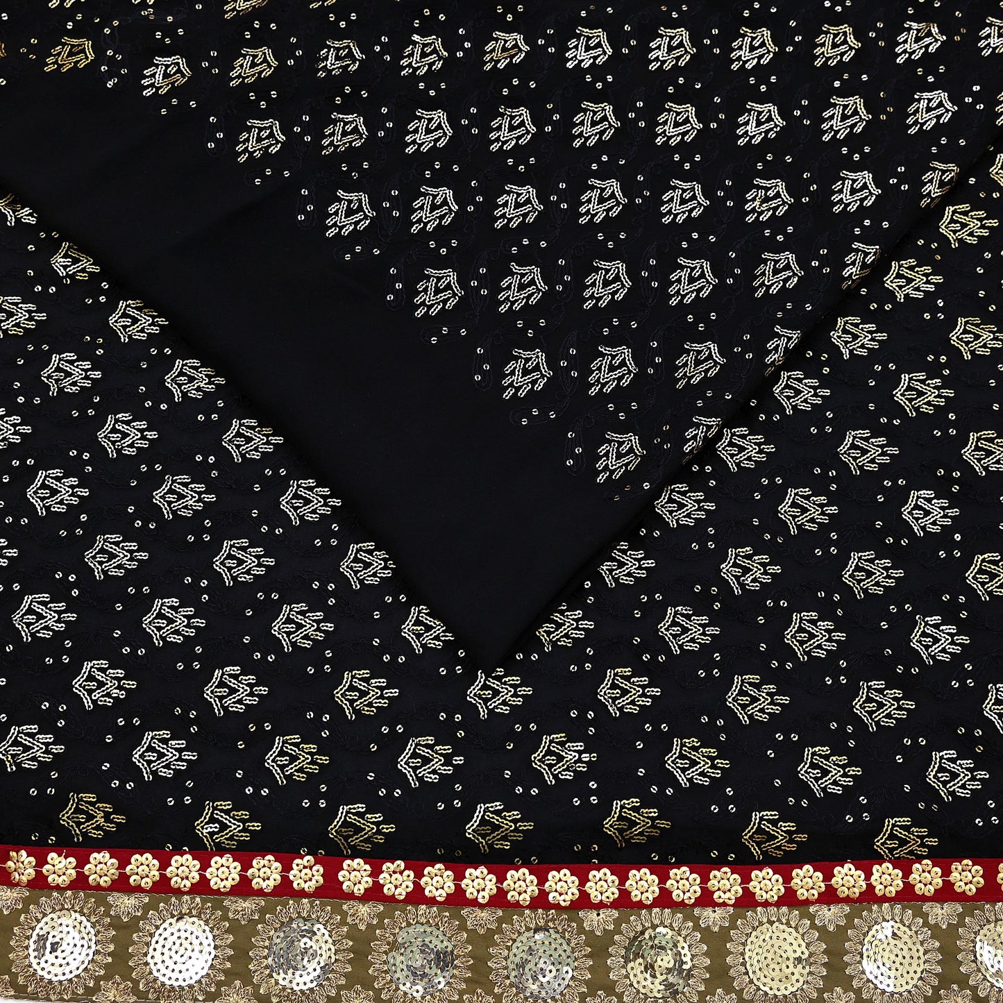 Indian Vintage Heavy Sari Black Pure Georgette Silk Hand Beaded Sarees Craft Fabric 5Yd Soft Ethnic Wedding Sarees