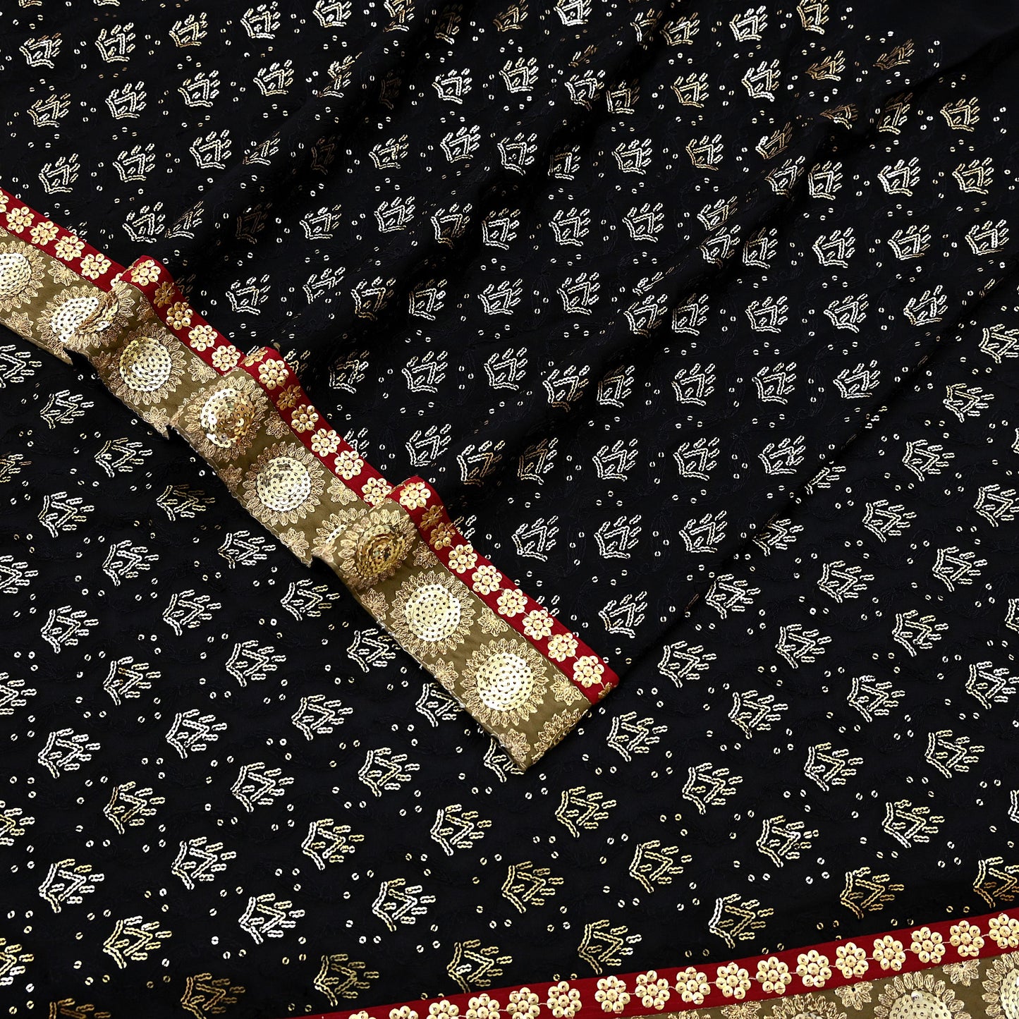 Indian Vintage Heavy Sari Black Pure Georgette Silk Hand Beaded Sarees Craft Fabric 5Yd Soft Ethnic Wedding Sarees