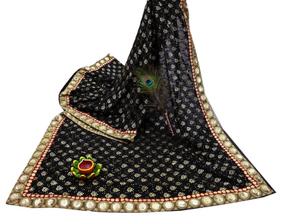 Indian Vintage Heavy Sari Black Pure Georgette Silk Hand Beaded Sarees Craft Fabric 5Yd Soft Ethnic Wedding Sarees