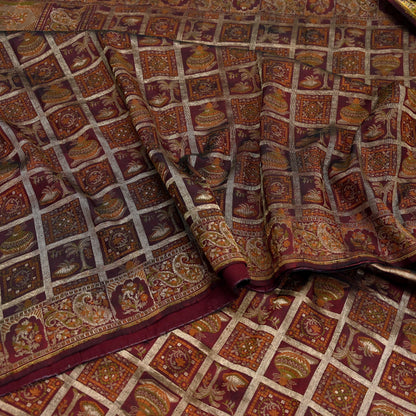 Vintage Maroon Pure Silk Saree Handwoven Indian Banarasi Fabric 5Yd Woven Zari Wedding Sari Soft Ethnic Dressmaking Craft Material